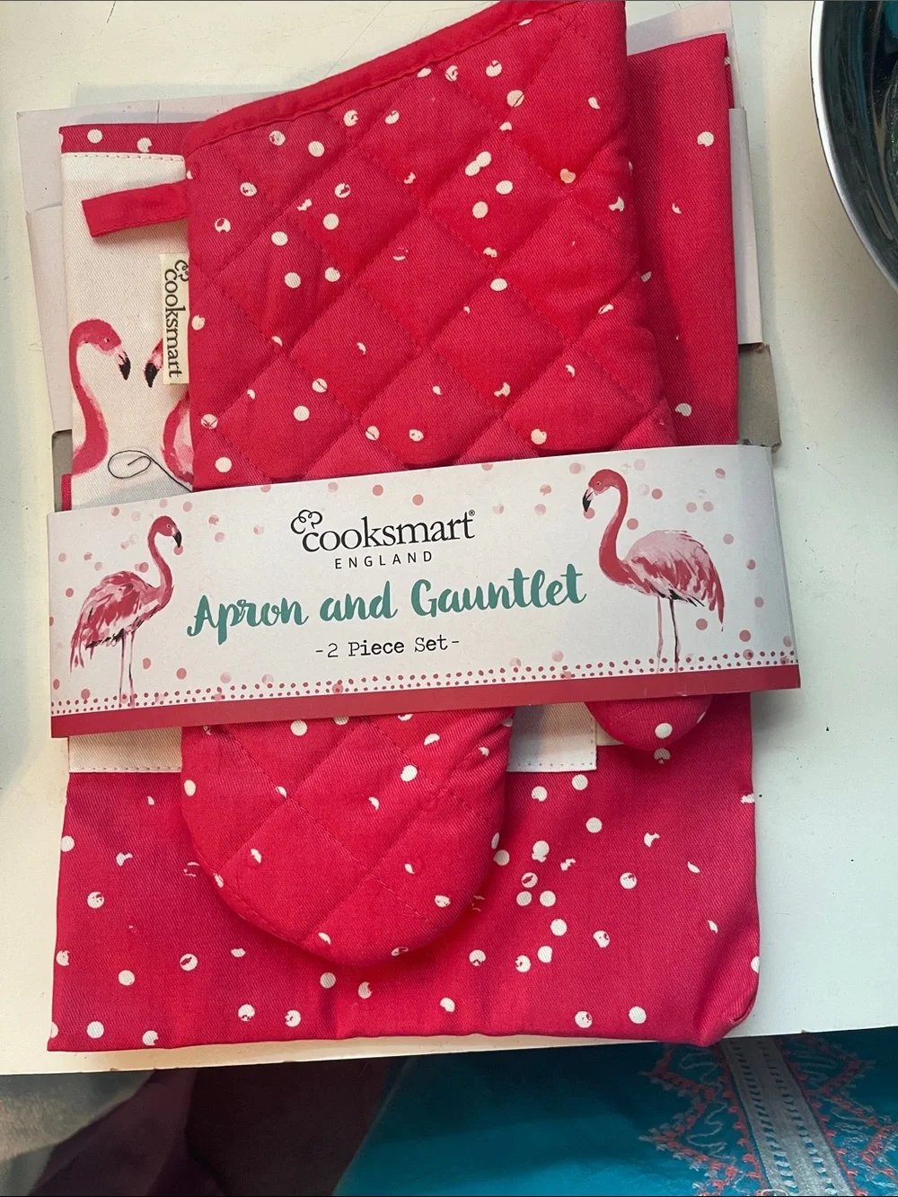 Flamingo Pink sign, Apron & Gauntlet Set with chrome platter and spoon